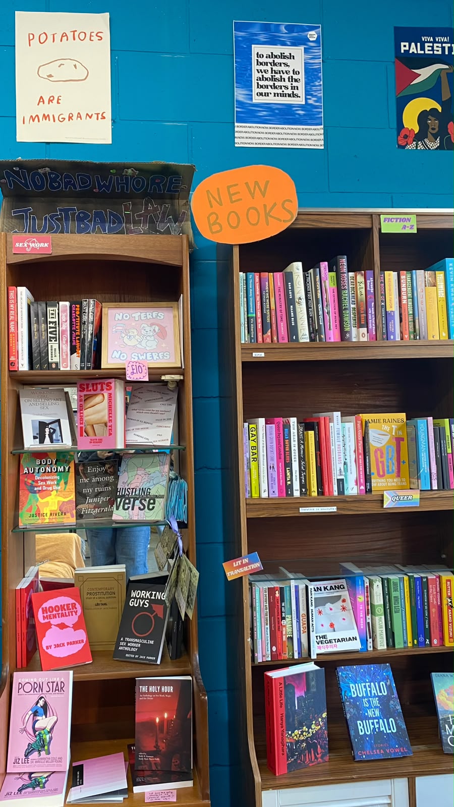Estantes de uma livraria com uma secção sobre trabalho sexual, livros queer e cartazes ativistas
