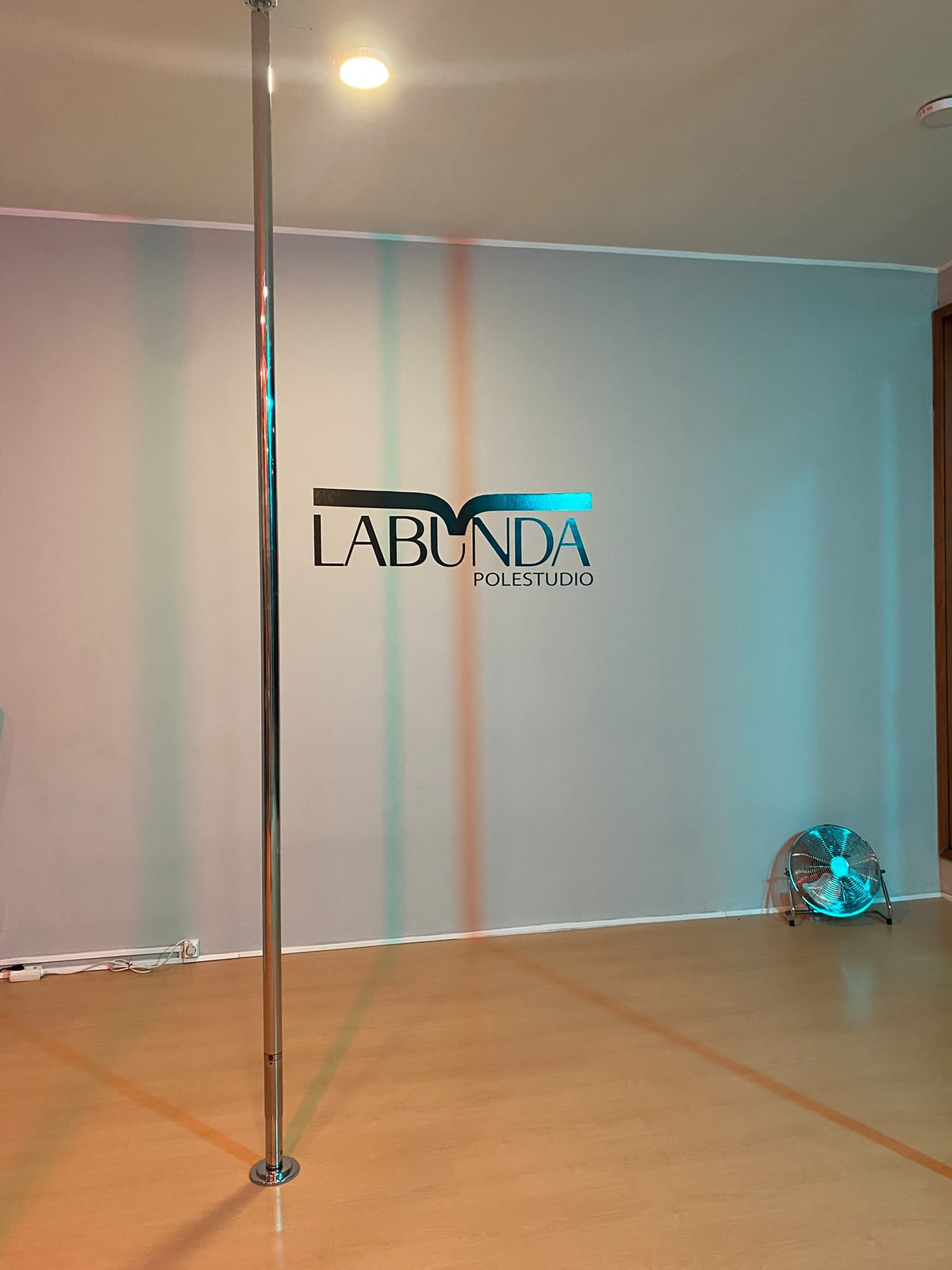 Estúdio de pole dance com um varão e o logótipo da Labunda Polestudio na parede