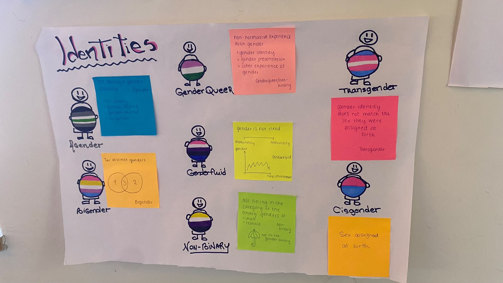 Cartaz desenhado à mão a explicar identidades de género: agénero, bigénero, genderqueer, género fluido, não binário, transgénero, cisgénero